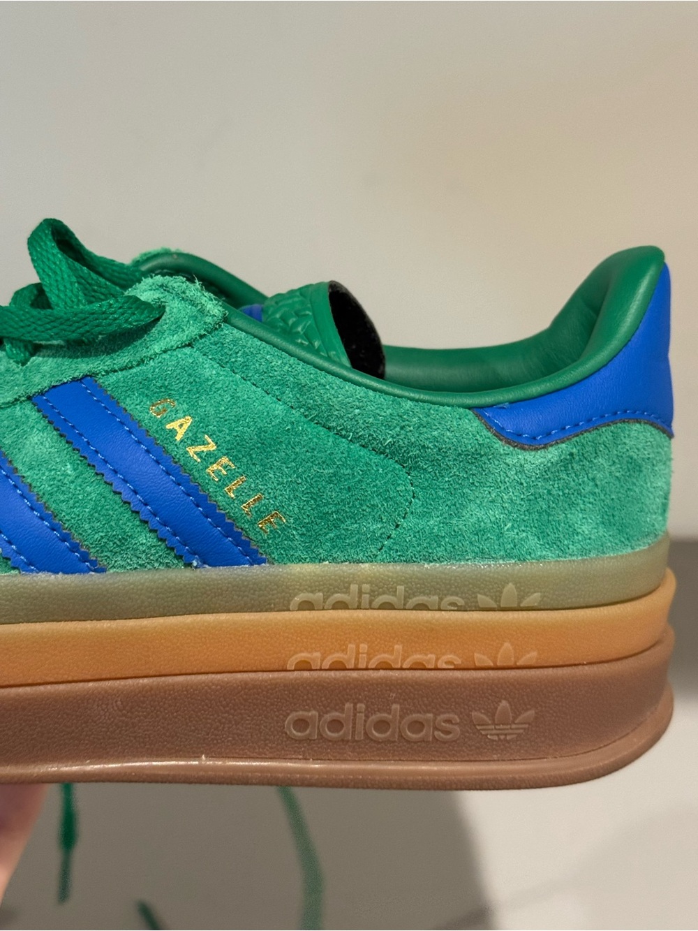 Adidas Gazelles Green Suede Women’s platform Sneakers with Blue Stripes - Picture 6 of 10